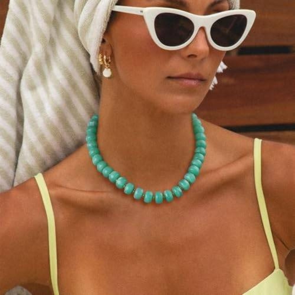 Turquoise Marbled Bead Statement Necklace Gold Tone Adjustable Chunky Jewelry - Picture 2 of 3
